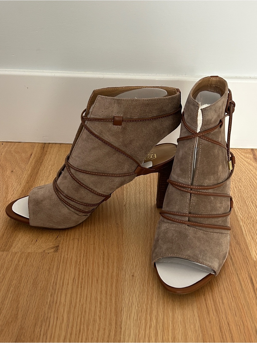 Franco Sarto Taupe Suede Open-Toe Lace-Up Heeled Booties